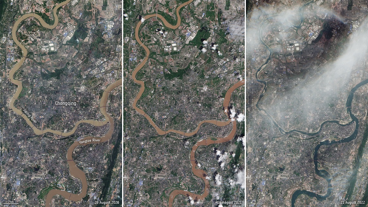 Uma seca recorde fez com que secassem partes do rio Yangtze, o rio mais importante da China [Imagens: Copernicus Sentinel (2020-22)]